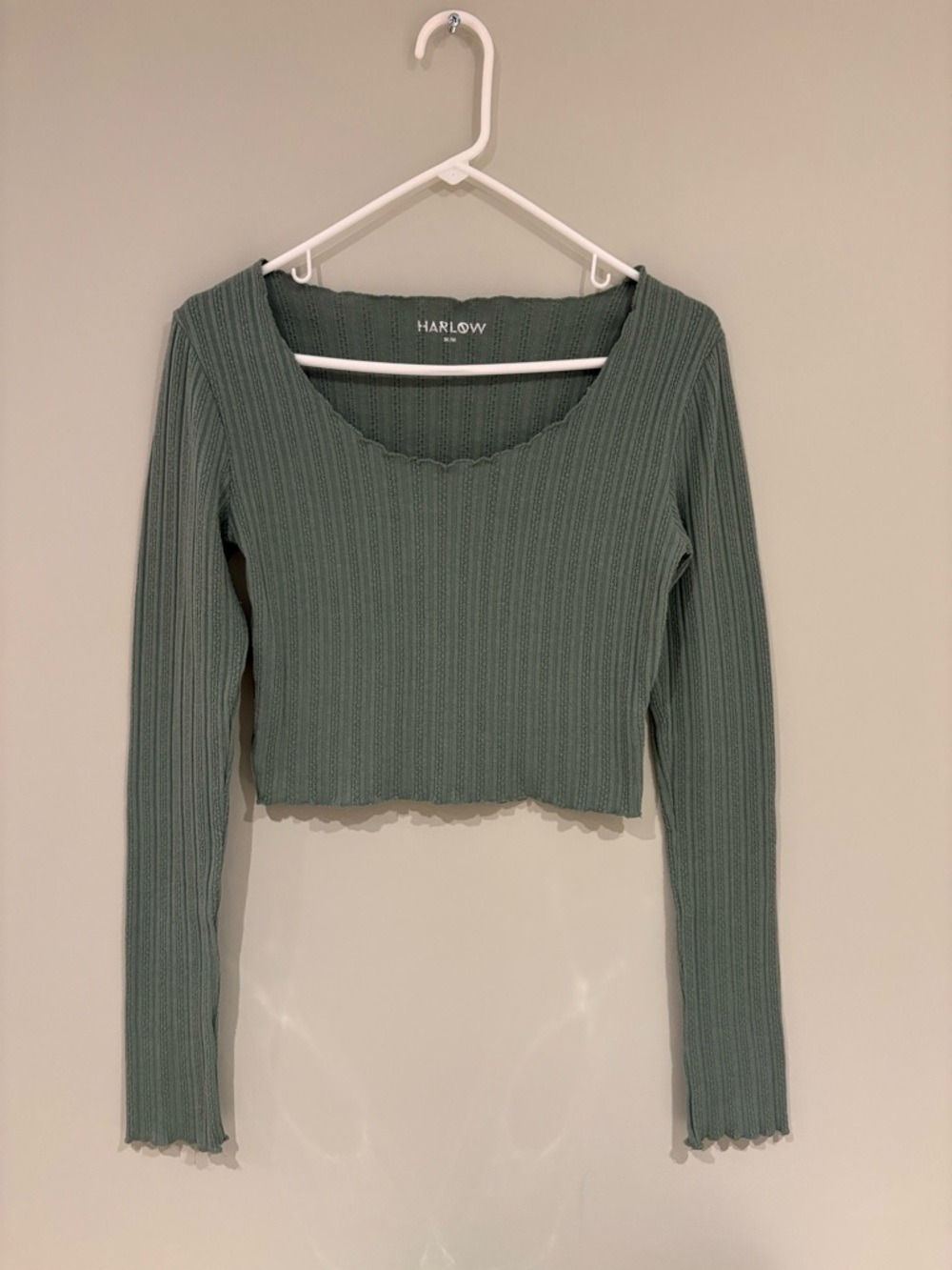 Harlow Ribbed Sage Green Scoop-Neck Long Sleeve Crop Top